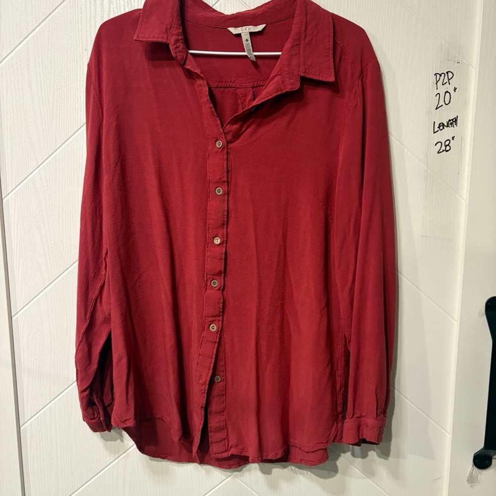 DKR Rust Red Button Down Blouse L Long Sleeve Casual Tunic Top / Granola/‎